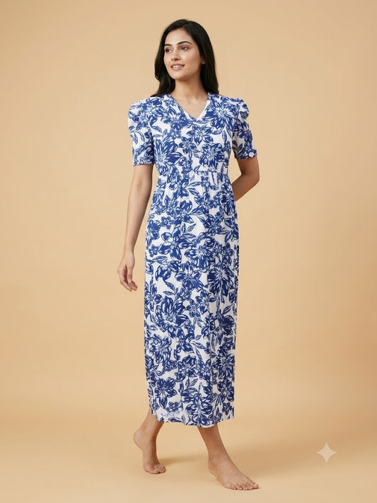 Cream with Navy Blue Floral Printed V-Neck Lounge Frock