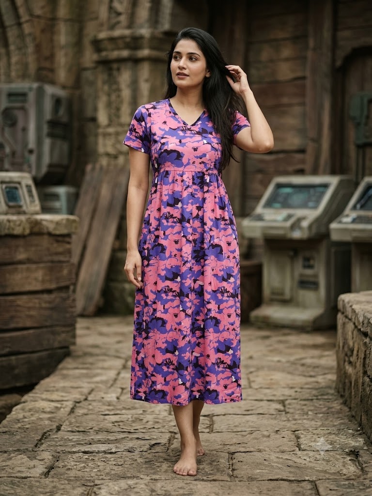 Purple Pink Floral Printed Lounge Frock