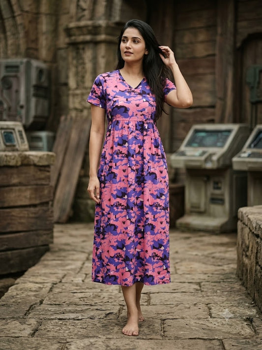 Purple Pink Floral Printed Lounge Frock