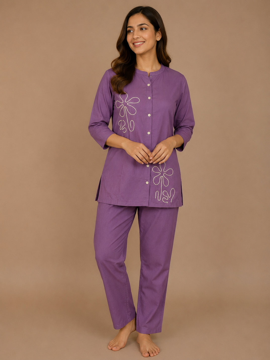 Orchid Purple Minimal Floral Line Art Cotton Co-ords