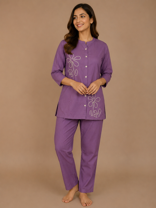 Orchid Purple Minimal Floral Line Art Cotton Co-ords