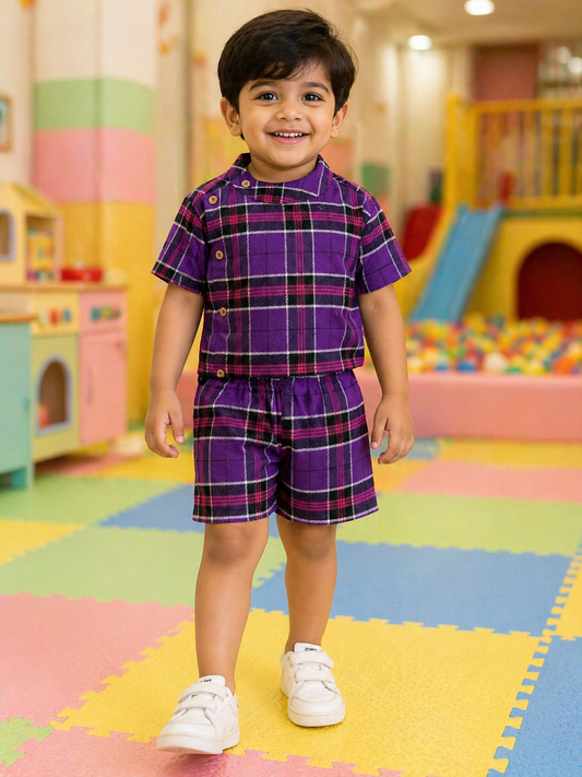 Purple Checks Kids Outdoor Shirt & Shorts Coords