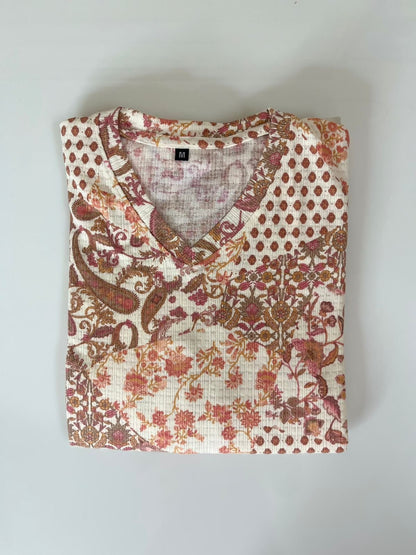 Cream with Brown Paisley Printed V-Neck Lounge Frock