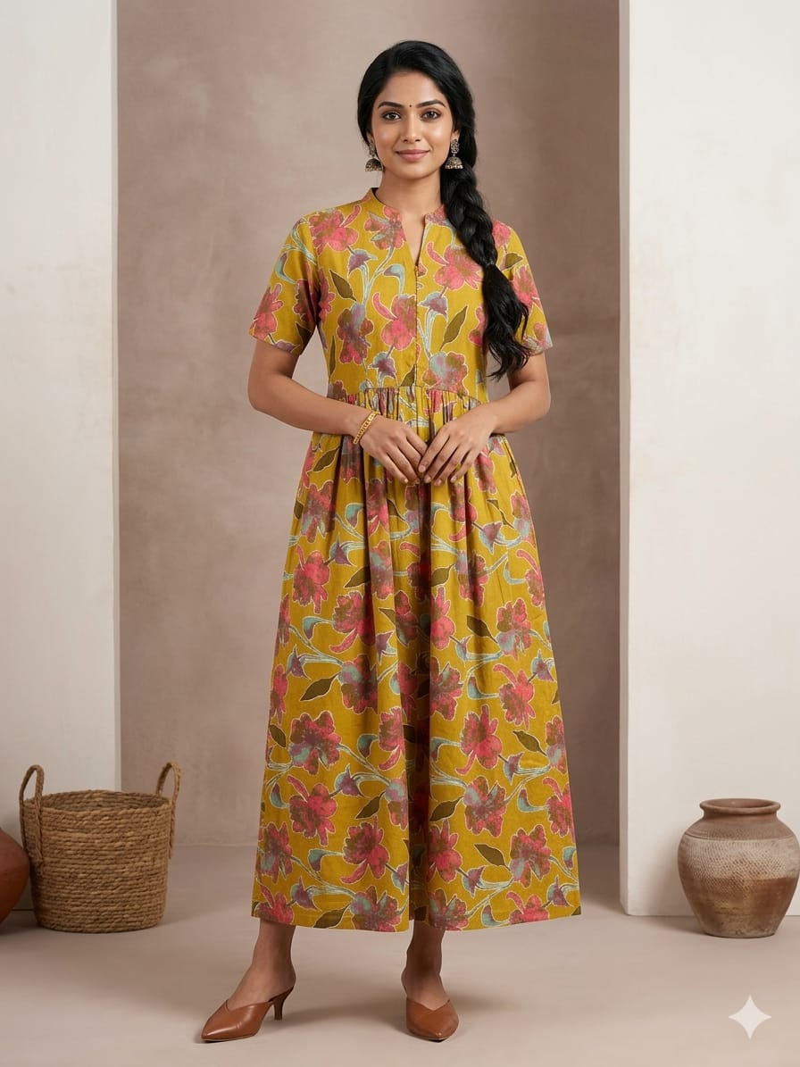 Mustard Floral Print Cotton Maxi
