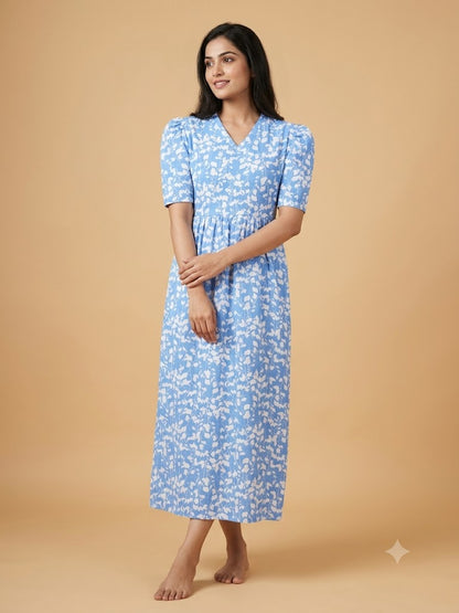 Sky Blue with White Leafy Printed V-Neck Lounge Frock