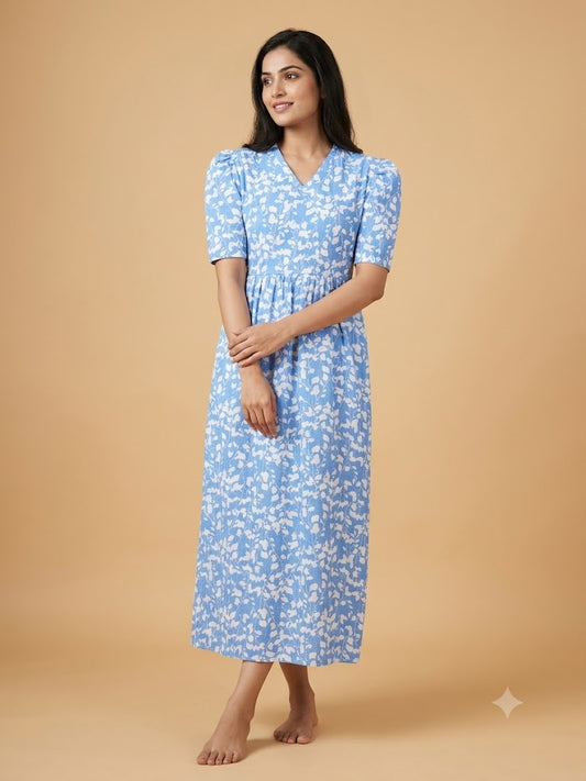 Sky Blue with White Leafy Printed V-Neck Lounge Frock
