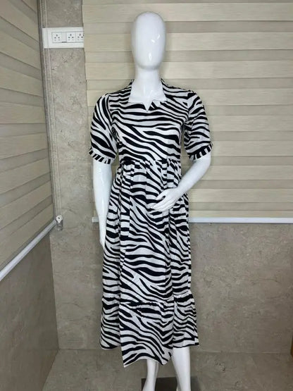 White With Black Zebra Printed Outdoor Blended Cotton Non Feeding Maxi