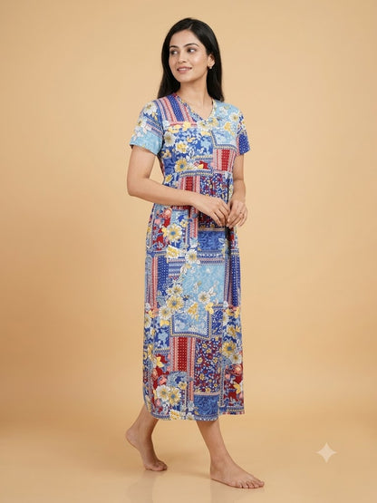 Multicolor Floral Printed Knitted V-Neck Cotton Lounge Frock
