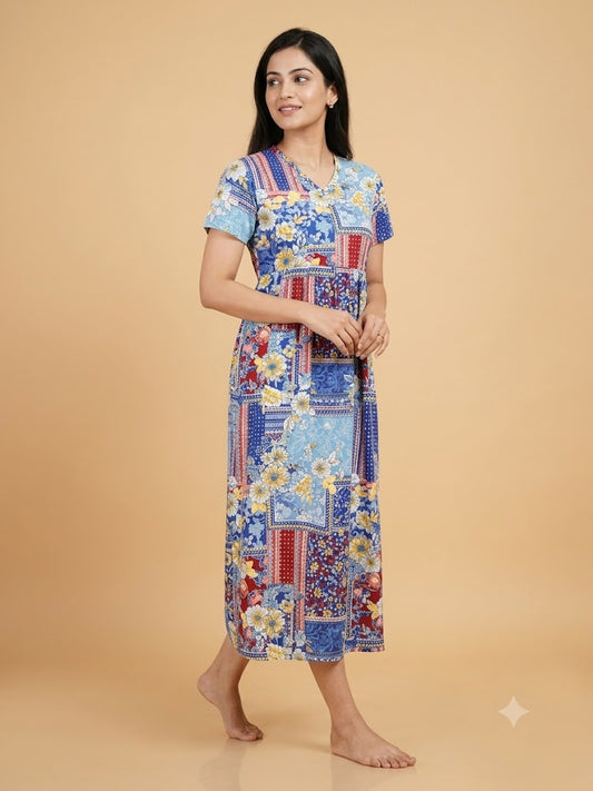 Multicolor Floral Printed Knitted V-Neck Cotton Lounge Frock