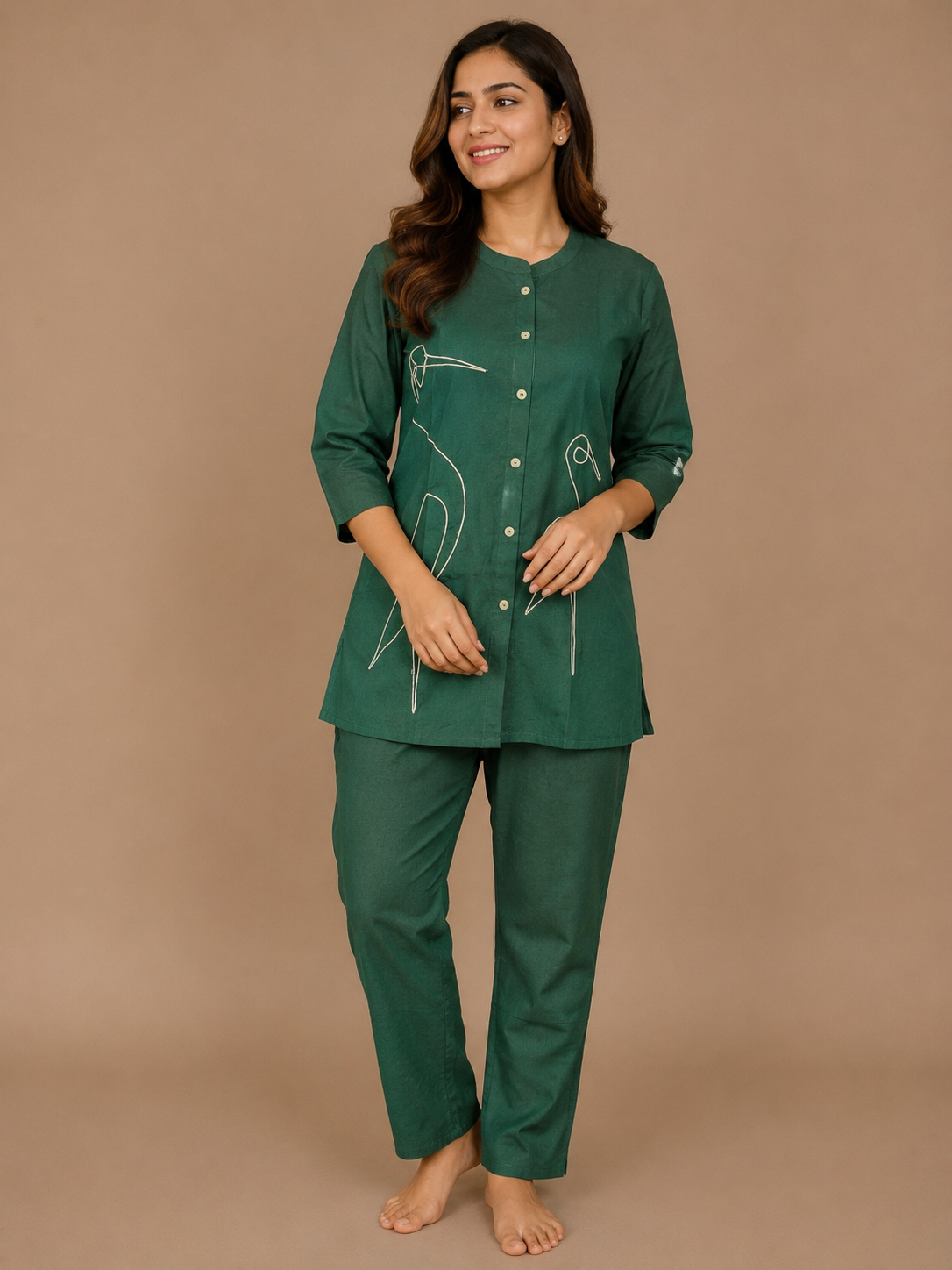 Forest Green Minimal Abstract Line Art Cotton Co-ords