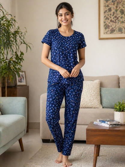 Navy Blue with Snowflakes Printed T-shirt with Combo Pant Set