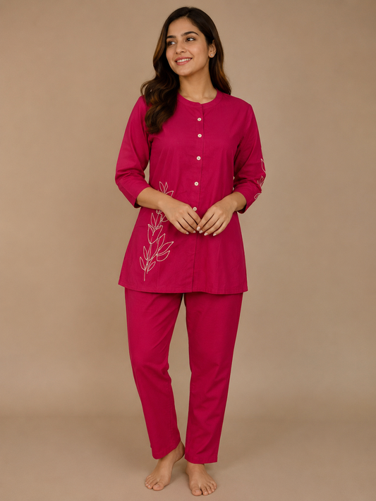Fuchsia Pink Minimal Botanical Line Art Cotton Co-ords