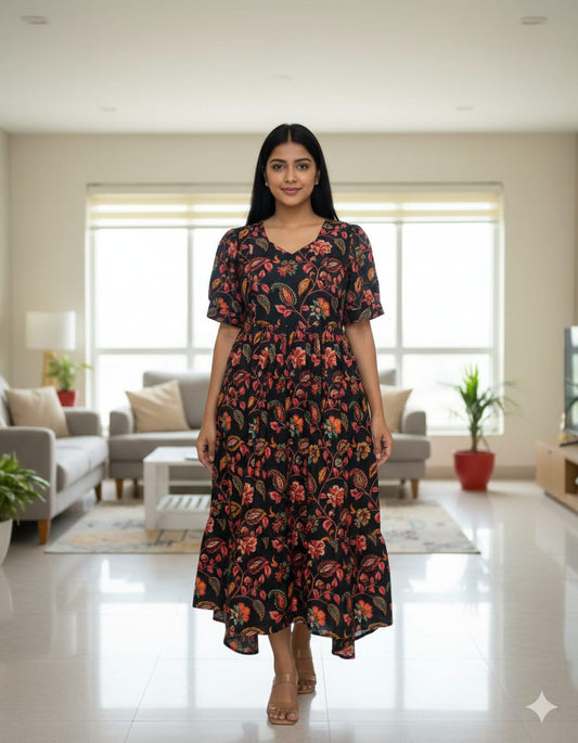 Black Red Floral Printed Blended Cotton Feeding Maxi