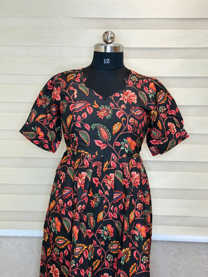 Black Red Floral Printed Blended Cotton Feeding Maxi