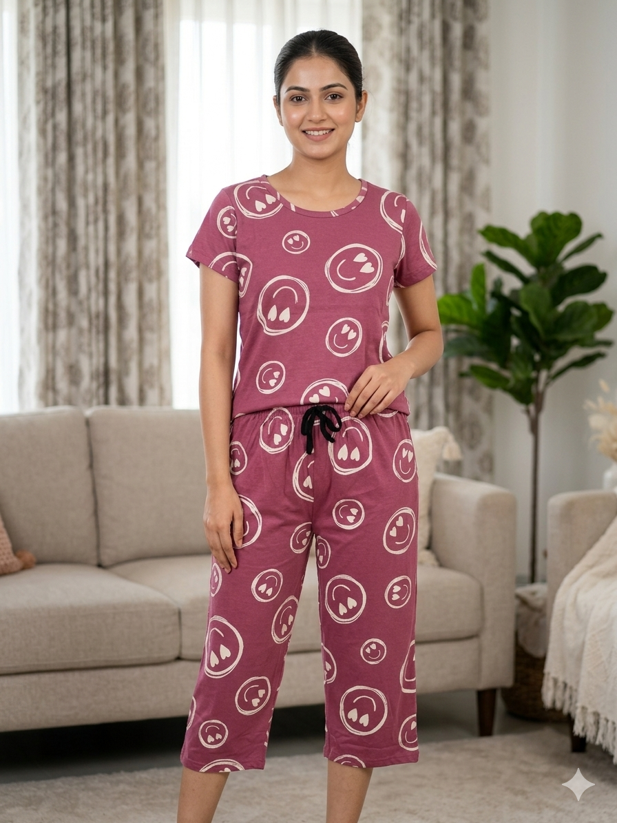 Mauve Smiley Print T-Shirt and 3/4th Coords