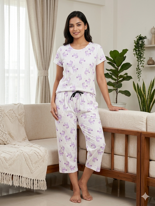 White Unicorn Print T-Shirt and 3/4th Coords
