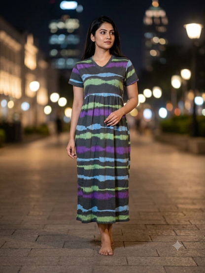 Gray Dye & Tie Printed Knitted Cotton V-Neck Lounge Frock