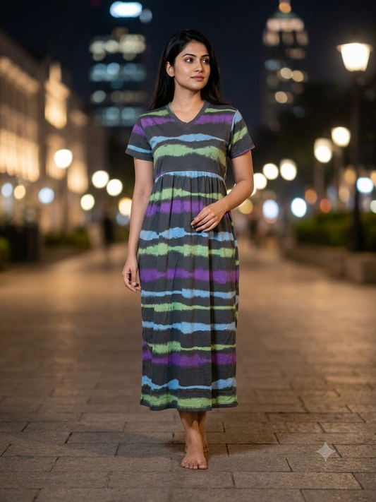 Gray Dye & Tie Printed Knitted Cotton V-Neck Lounge Frock