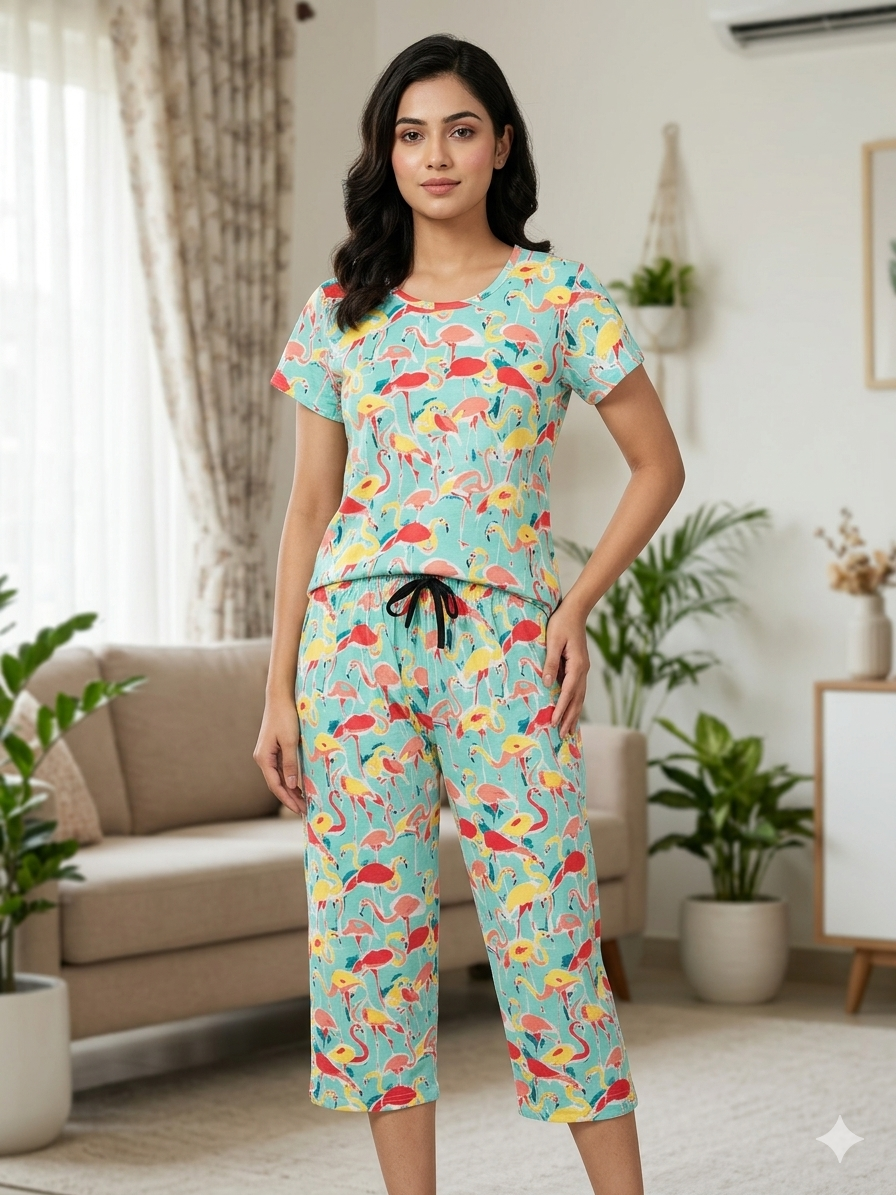 Aqua Flamingo Print T-Shirt and 3/4th Coords
