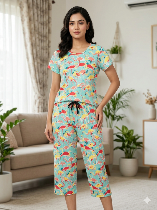 Aqua Flamingo Print T-Shirt and 3/4th Coords