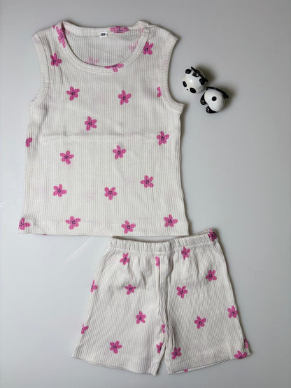 White Pink Floral Print Kids Sleeveless Co-ord Set