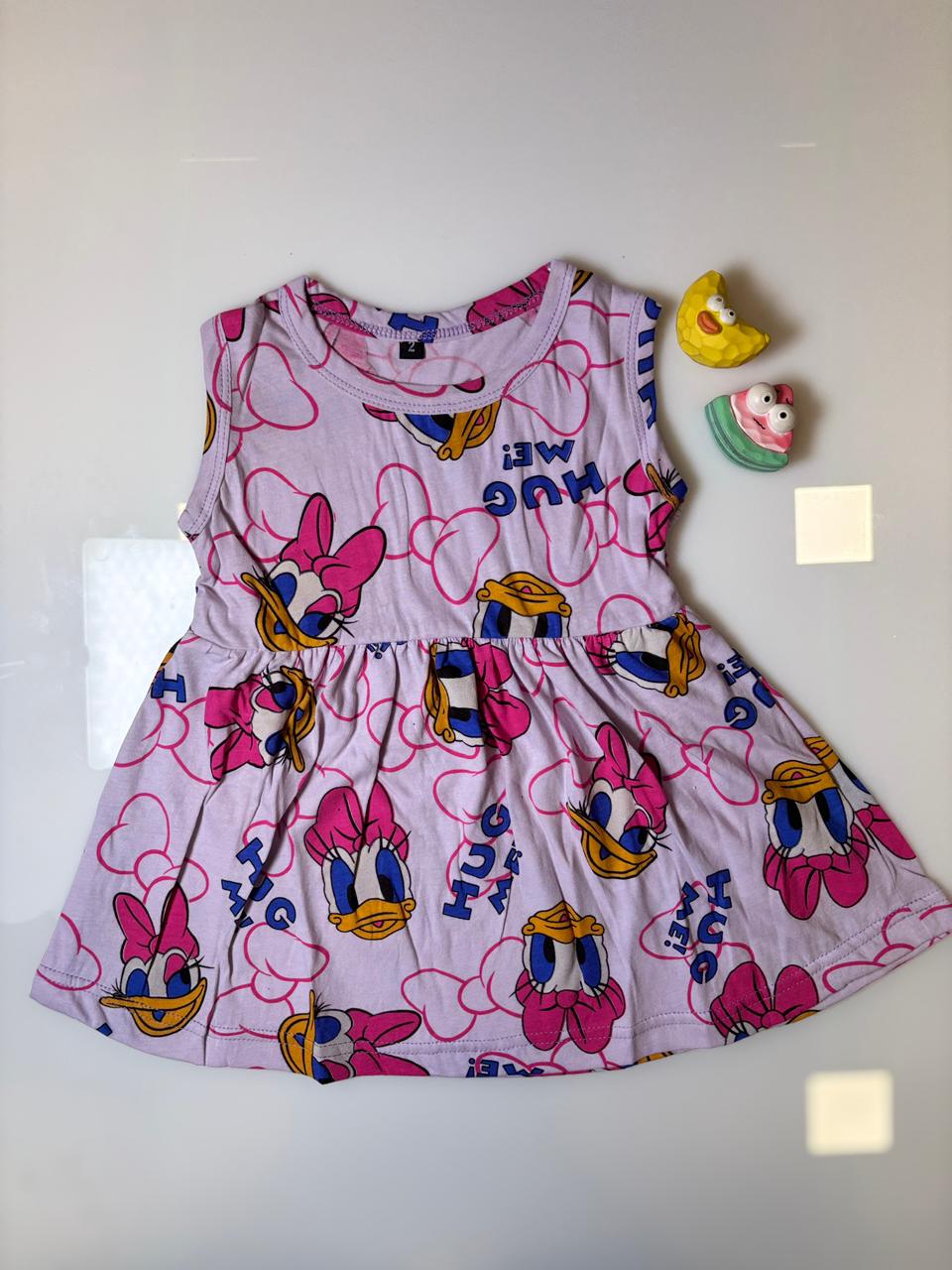 Light Pink Cartoon Duck Printed Kids Frock