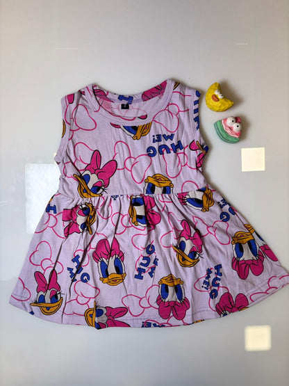 Light Pink Cartoon Duck Printed Kids Frock