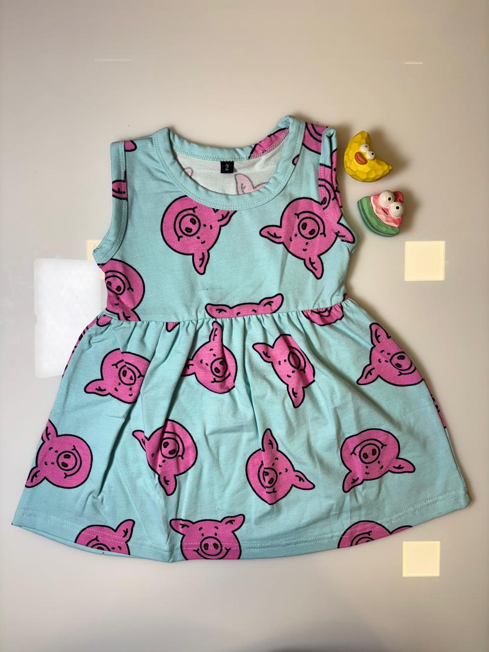 Sky Blue Pig Face Printed Kids Frock