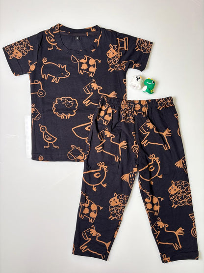 Midnight Navy Animal Print Kids Co-ord Tshirt and Pant Set