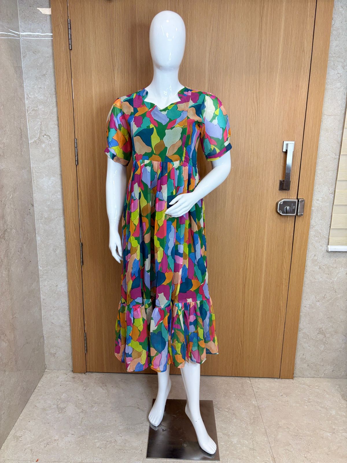 Multicolor Abstract Mosaic Georgette Double Side Zip Feeding Maxi