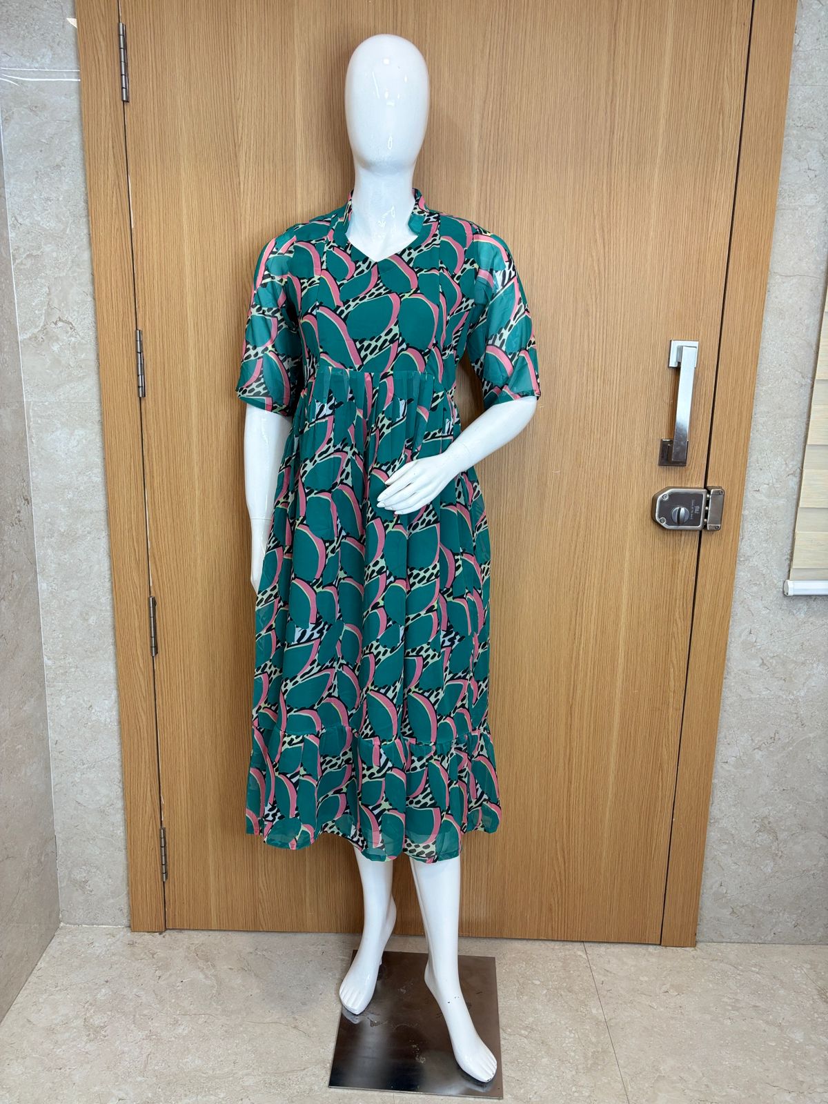 Teal Pink Abstract Print Georgette Feeding Maxi