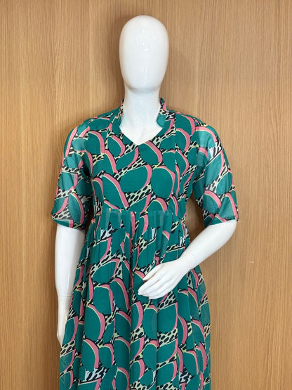 Teal Pink Abstract Print Georgette Feeding Maxi