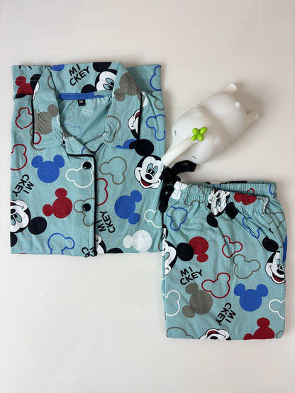 Sky Blue Mickey Mouse Print Women's Night Suit