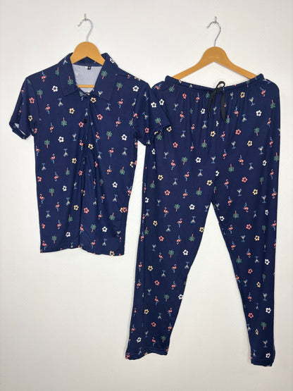 Spun Fabric Navy Blue Floral Print Women's Night Suit