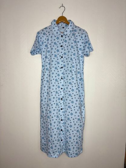 Light Blue Star Print Front Open Long Tunic