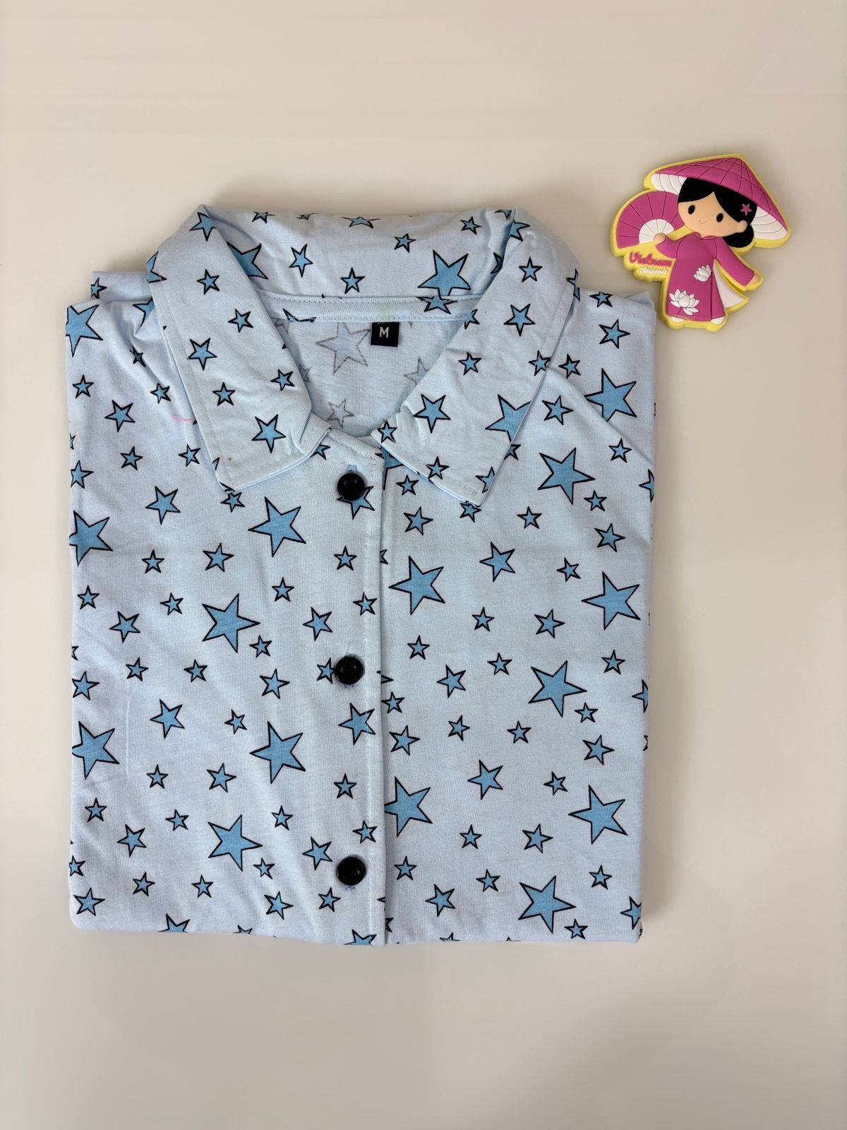 Light Blue Star Print Front Open Long Tunic