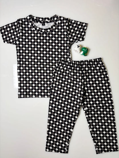 Kids Jet Black Checkerboard T-Shirt & Pants Co-ord Set