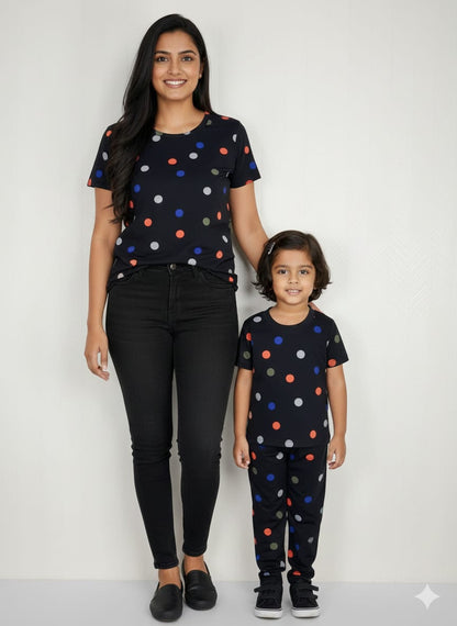 Black with Multicolor Dots Printed Mom and Kid Twinning Combo Set