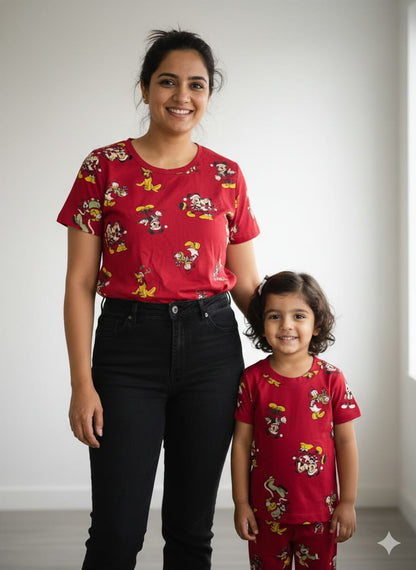 Red with Cartoon Charecters Printed Mom and Kid Twinning Combo Set