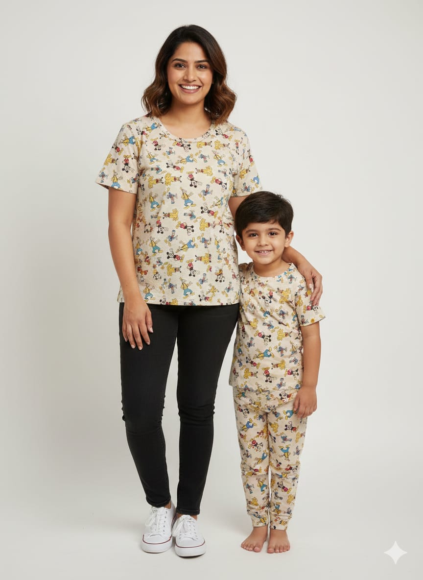 Skin Color with Micky's Charecter Printed Mom and Kid Twinning Combo Set