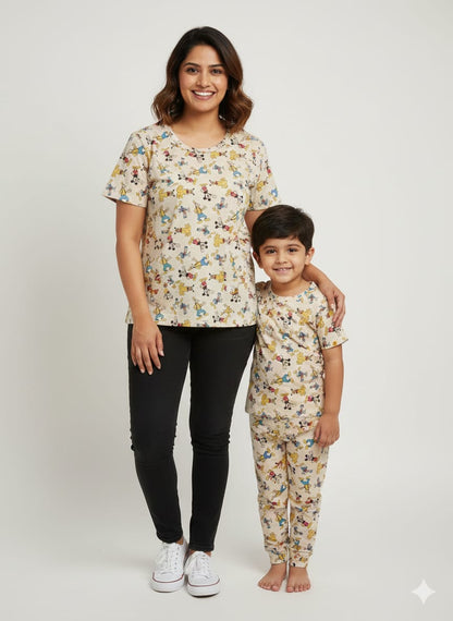 Skin Color with Micky's Charecter Printed Mom and Kid Twinning Combo Set