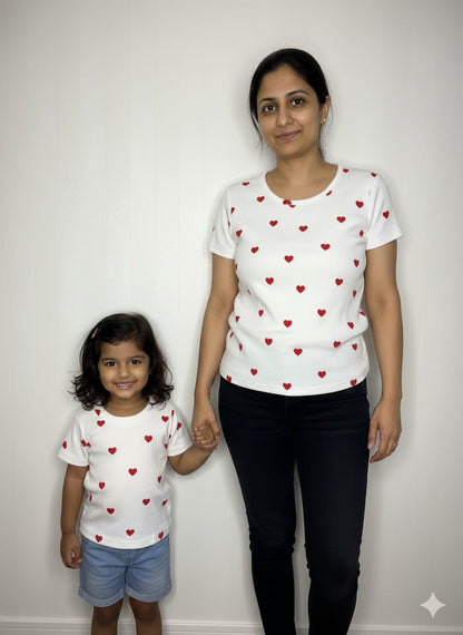 White with Red Hearts Printed Mom and Kid Twinning Combo Set