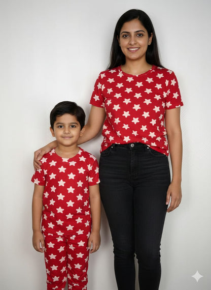 Red with White Stars Printed Mom and Kid Twinning Combo Set