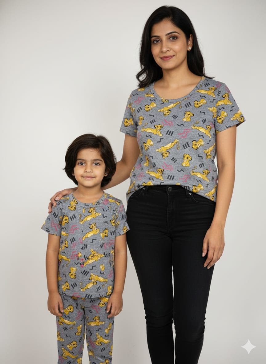 Grey with Disney Lion King Printed Mom and Kid Twinning Combo Set