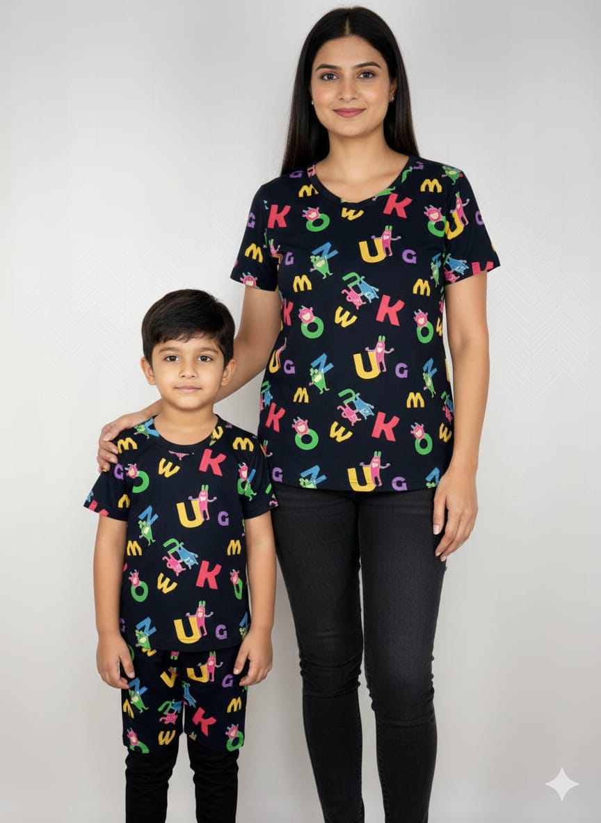 Black with Alphabet Letters Printed Mom and Kid Twinning Combo Set