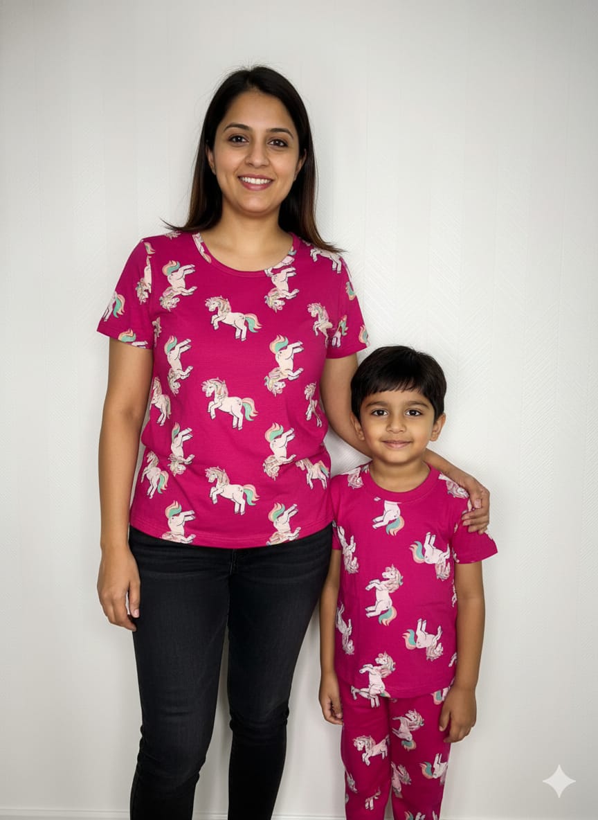 Pink with Unicorn's Printed Mom and Kid Twinning Combo Set