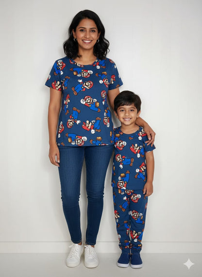 Navy Blue with Cartoon Charecter Printed Mom and Kid Twinning Combo Set