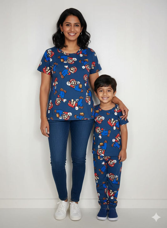 Navy Blue with Cartoon Charecter Printed Mom and Kid Twinning Combo Set