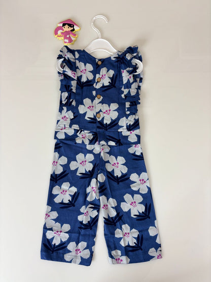 Denim Blue White Tropical Floral Print Kids Outdoor Wear