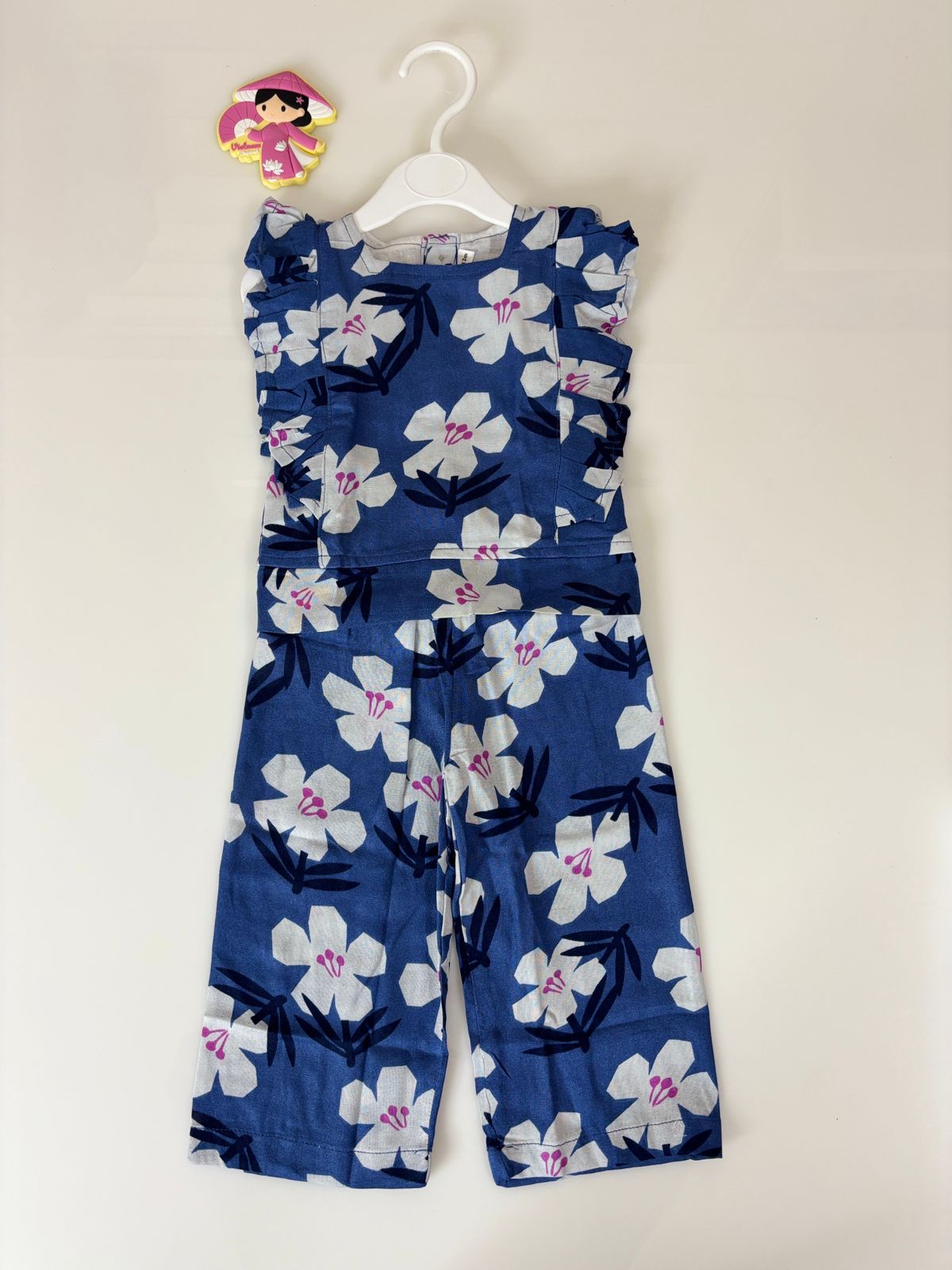 Denim Blue White Tropical Floral Print Kids Outdoor Wear